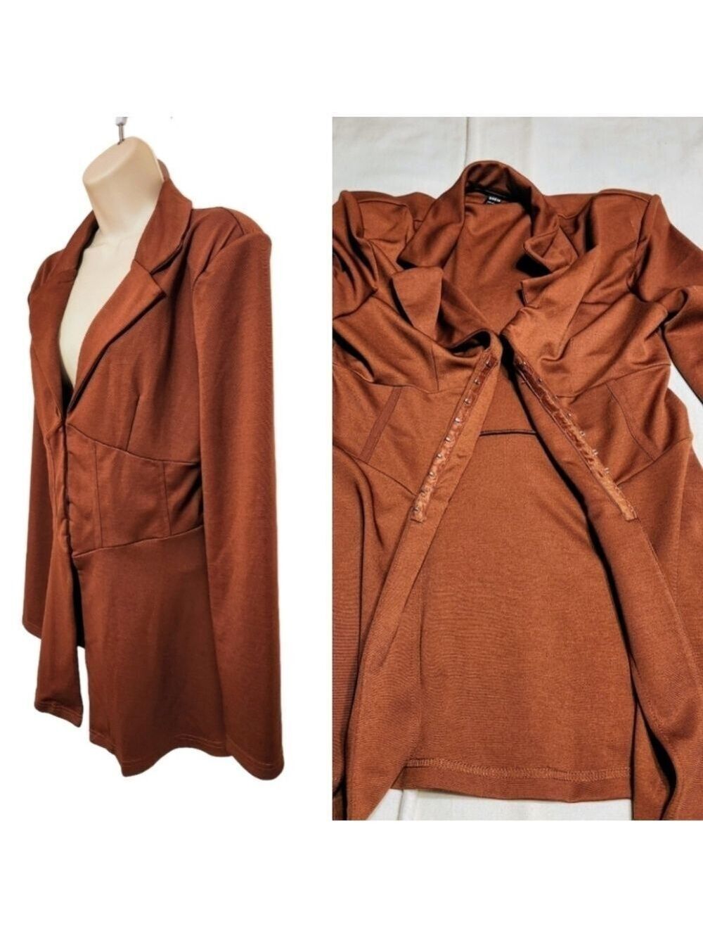 Shein Brown Hook And Eye Blazer Jacket Size 8 10 - Picture 7 of 10